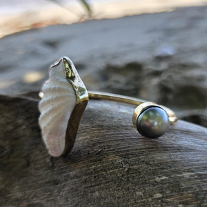READY TO SHIP Civa Fiji Saltwater Bezel Set Pearl & Shell Cuff - 14k Gold Fill FJD$