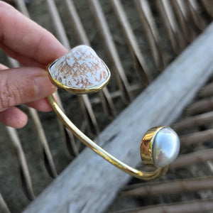 READY TO SHIP Civa Fiji Saltwater Bezel Set Pearl & Shell Cuff - 14k Gold Fill FJD$