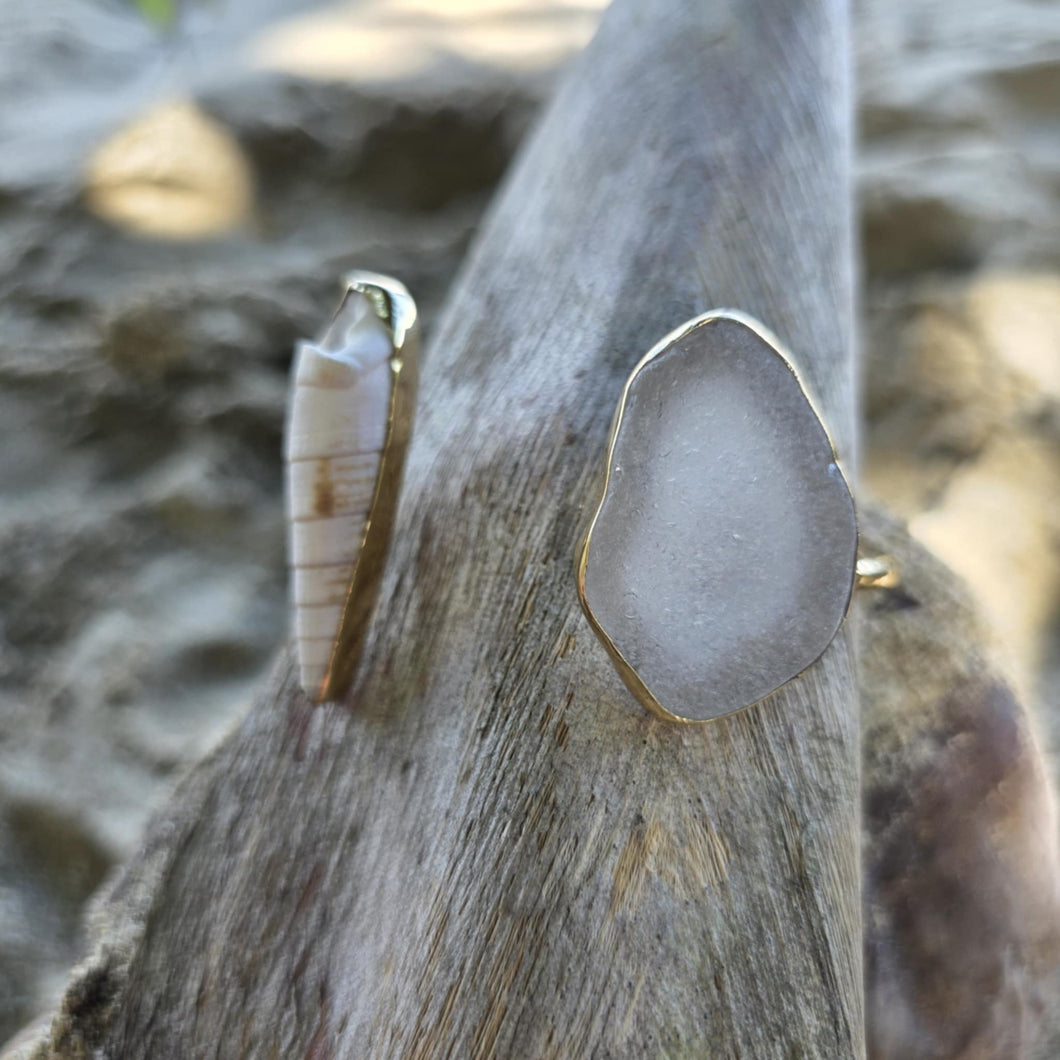 READY TO SHIP Bezel Set Seaglass & Shell Cuff - 14k Gold Fill FJD$
