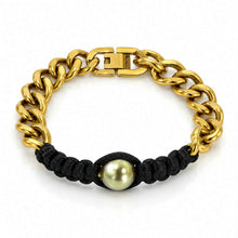 Load image into Gallery viewer, A gold-toned chain bracelet with a black knotted cord wrap and a single round pearl bead at the center, shown on a plain white background.
