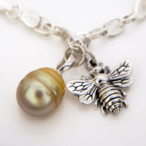READY TO SHIP Civa Fiji Graded Pearl & Honey Bee Charm Bracelet - 925 Sterling Silver FJD$