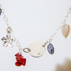 CUSTOM ENGRAVABLE Frangipani Charm, Bead, Mother of Pearl & Coral Bracelet - 925 Sterling Silver FJD$