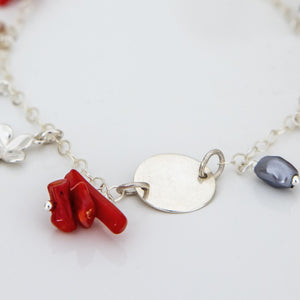 CUSTOM ENGRAVABLE Frangipani Charm, Bead, Mother of Pearl & Coral Bracelet - 925 Sterling Silver FJD$