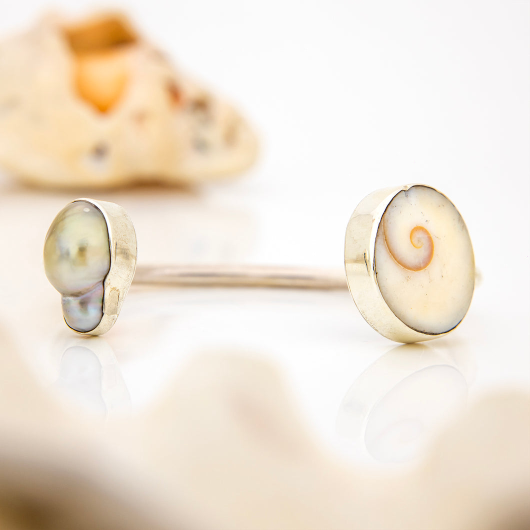 READY TO SHIP Civa Fiji Saltwater Bezel Set Pearl & Shell Cuff - 925 Sterling Silver FJD$