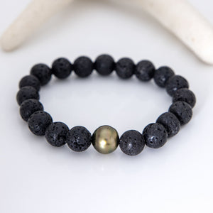 READY TO SHIP Stretch Fiji Saltwater Pearl & Lava Stone Bracelet FJD$