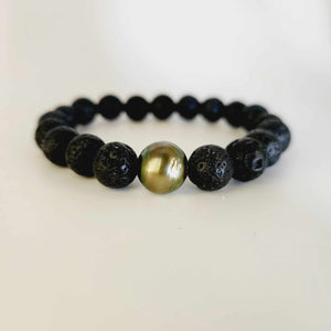 READY TO SHIP Stretch Fiji Saltwater Pearl & Lava Stone Bracelet FJD$