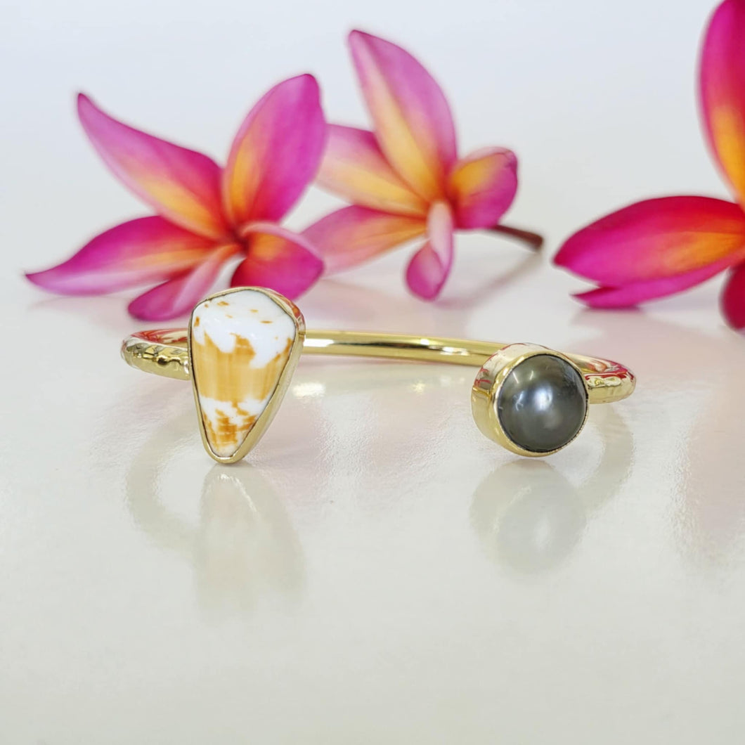 READY TO SHIP Civa Fiji Saltwater Bezel Set Pearl & Shell Cuff - 14k Gold Fill FJD$