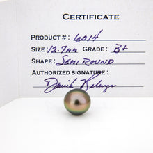 Load image into Gallery viewer, Pearl with certification card detailing product number, size, grade, and shape on a white background.
