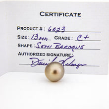 Load image into Gallery viewer, Semi-baroque pearl on a card with certification details
