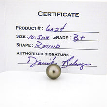 Load image into Gallery viewer, Pearl with a certificate detailing product number, size, grade, and shape on a white background.
