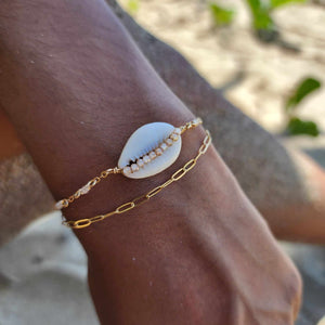 CHOOSE A COLOUR Cowrie Shell & Glass Bead Double Chain Bracelet in 14k Gold Fill - FJD$