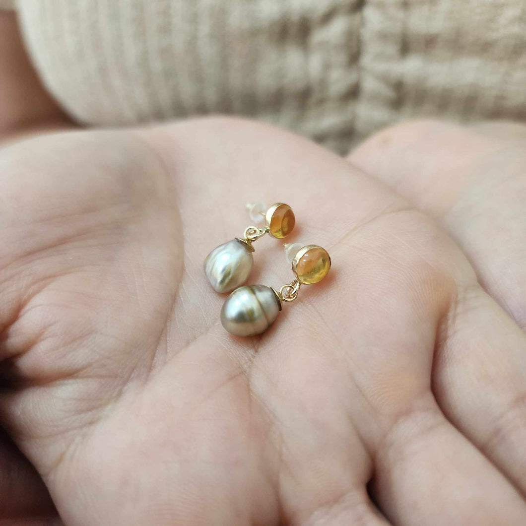 READY TO SHIP Citrine & Fiji Keshi Pearl Stud Earrings - 14k Gold Fill FJD$