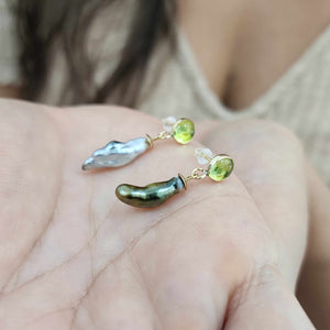 READY TO SHIP Peridot & Fiji Keshi Pearl Stud Earrings - 14k Gold Fill FJD$