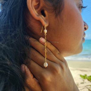 READY TO SHIP - Freshwater Pearl Drop Earrings with Chain Detail - 14k Gold Fill FJD$