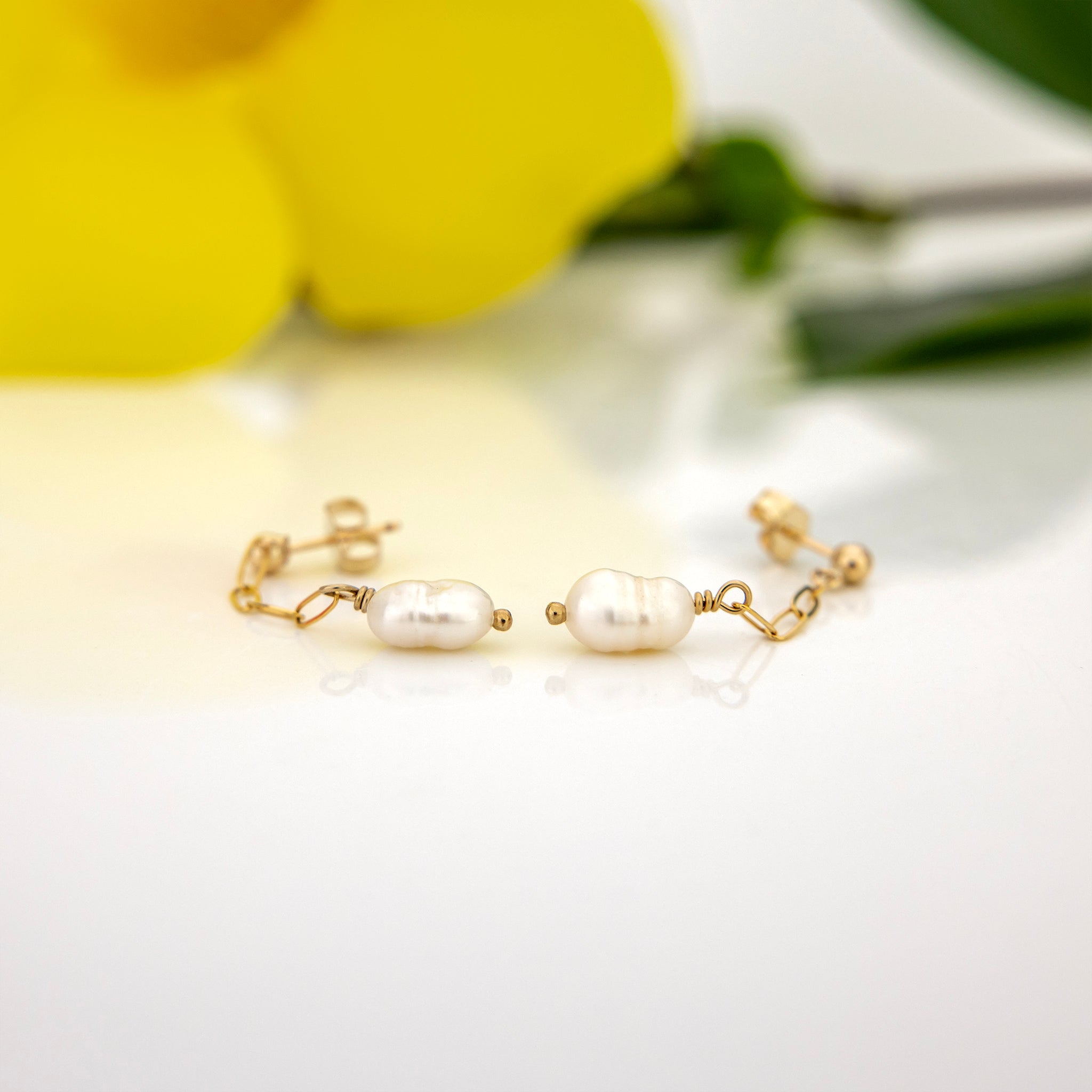 READY TO SHIP - Freshwater Pearl Stud Earrings with Chain