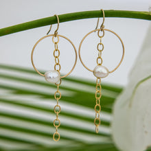 Load image into Gallery viewer, READY TO SHIP Earrings with Freshwater Pearl and chain detail - 14k Gold Fill FJD$
