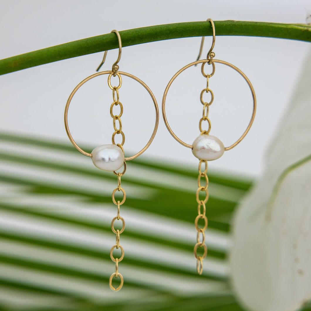 READY TO SHIP Earrings with Freshwater Pearl and chain detail - 14k Gold Fill FJD$