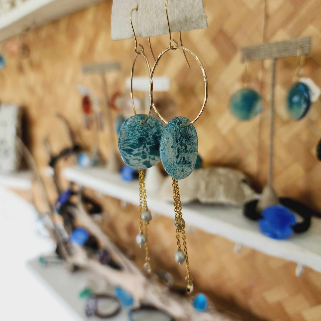 READY TO SHIP Adorn Pacific x Hot Glass Drop Earrings with Freshwater Pearls in 14k Gold Fill - FJD$