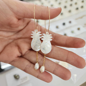 READY TO SHIP Mother of Pearl Pineapple Drop Earrings with Freshwater Pearls in 14k Gold Fill - FJD$
