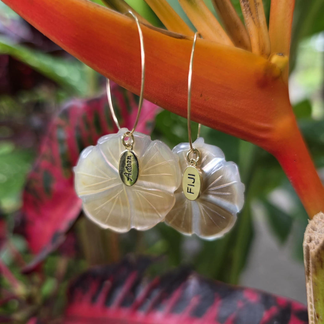 READY TO SHIP Hibiscus Oyster Shell Hoop Earrings - 14k Gold Filled FJD$