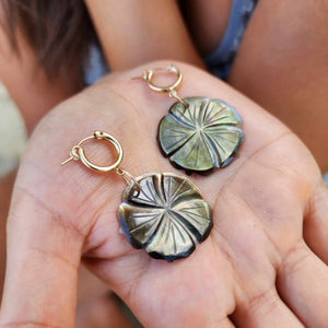 CONTACT US TO RECREATE THIS SOLD OUT STYLE Hibiscus Mother of Pearl Huggie Earrings - 14k Gold Fill FJD$
