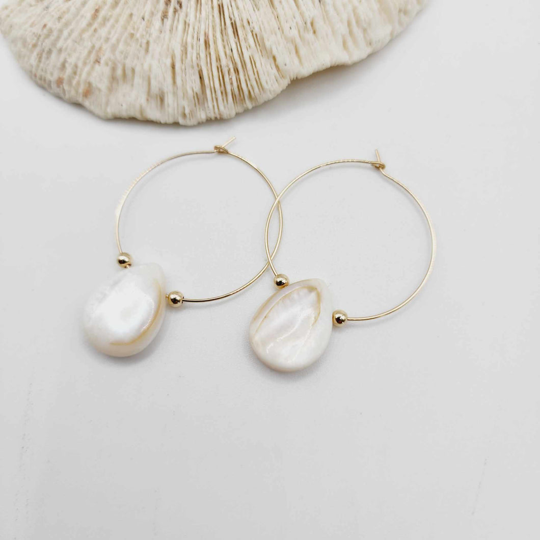 READY TO SHIP Mother of Pearl Shell Hoop Earrings - 14k Gold Filled FJD$