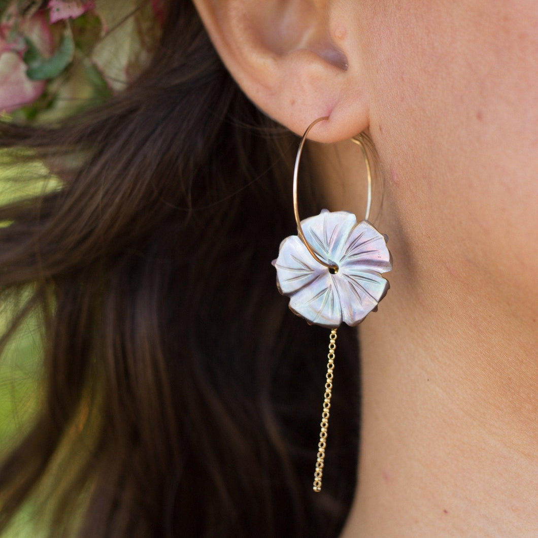 READY TO SHIP Mother of Pearl Hibiscus Flower Earrings - 14k Gold Fill FJD$
