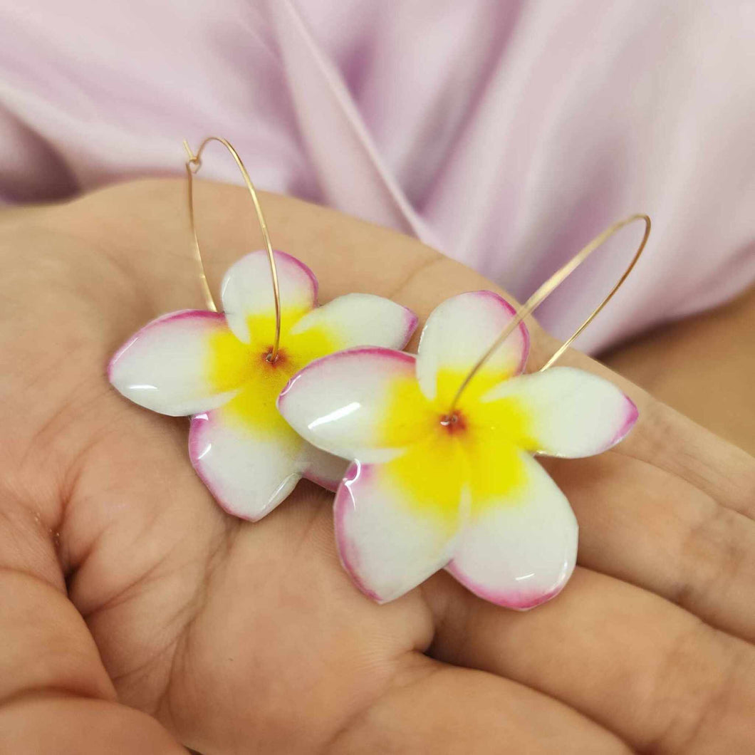 READY TO SHIP Frangipani Flower Resin Hoop Earrings - 14k Gold Fill FJD$
