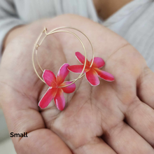 Load image into Gallery viewer, READY TO SHIP Frangipani Flower Resin Hoop Earrings - 14k Gold Fill FJD$

