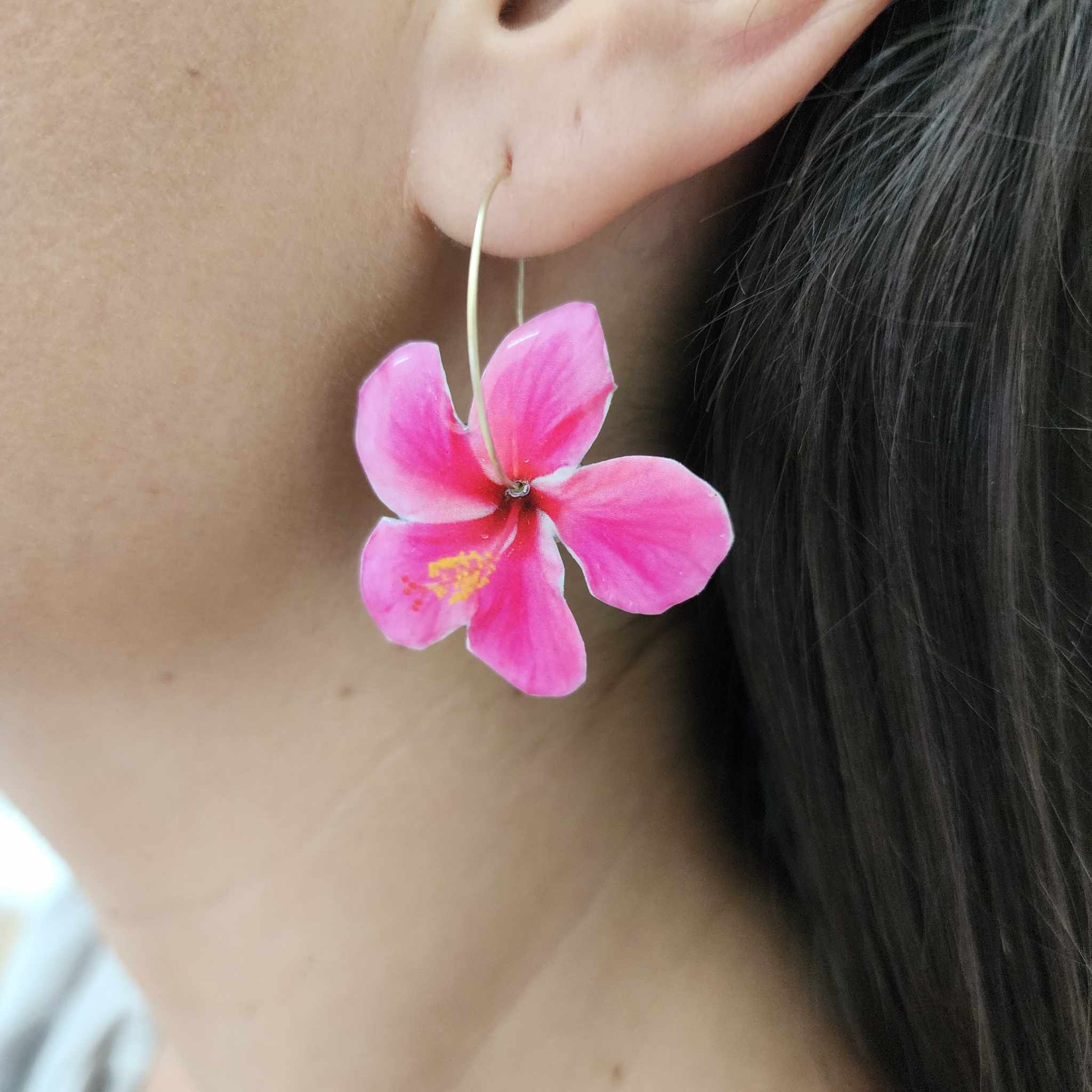 READY TO SHIP Hibiscus Flower Hoop Resin Earrings -14k Gold Fill FJD$