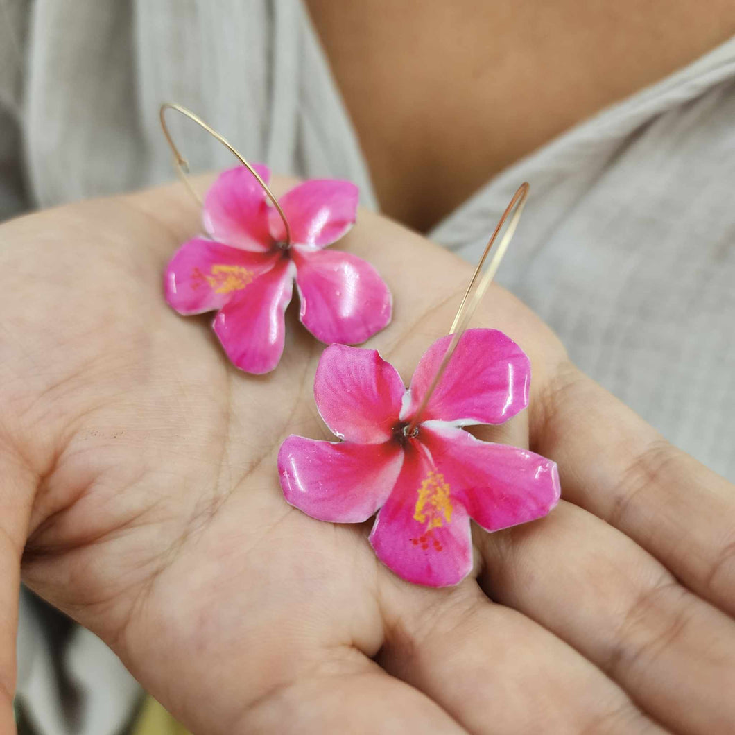 READY TO SHIP Hibiscus Flower Hoop Resin Earrings -14k Gold Fill FJD$