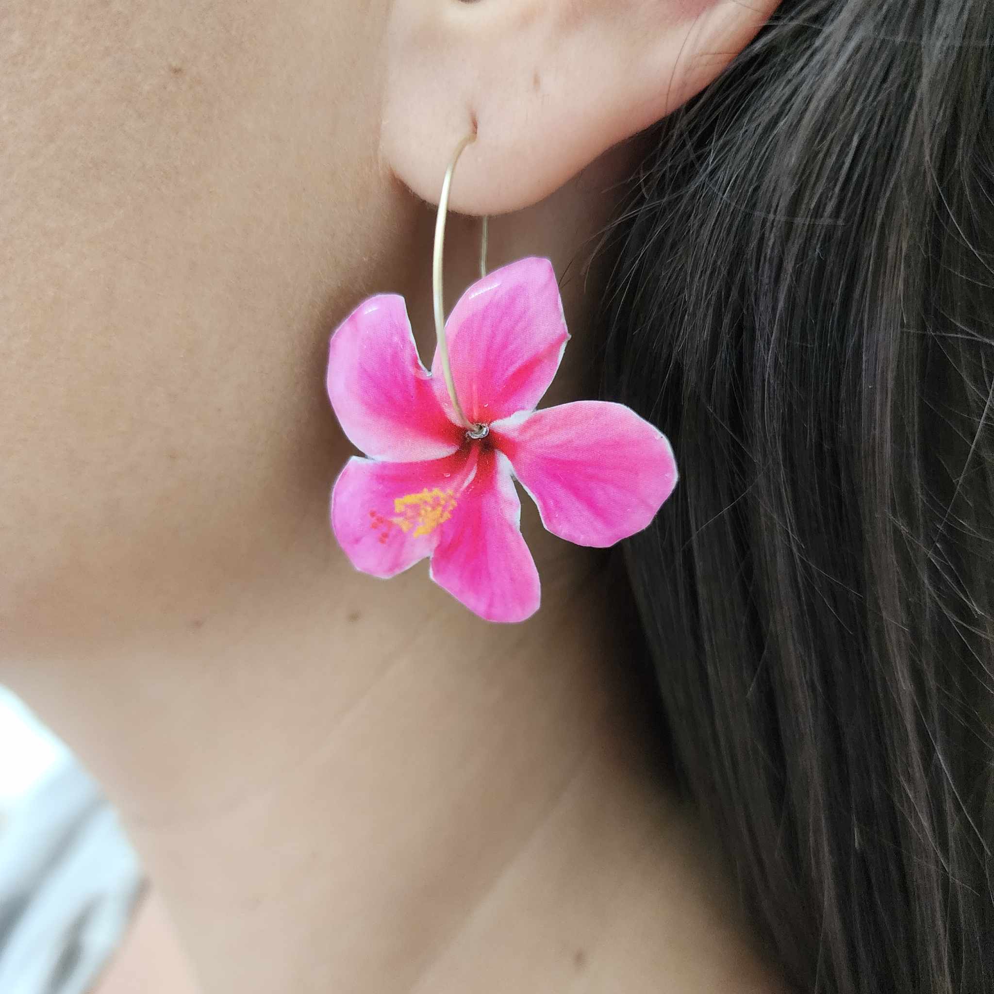 READY TO SHIP Hibiscus Flower Hoop Resin Earrings -14k Gold Fill FJD$