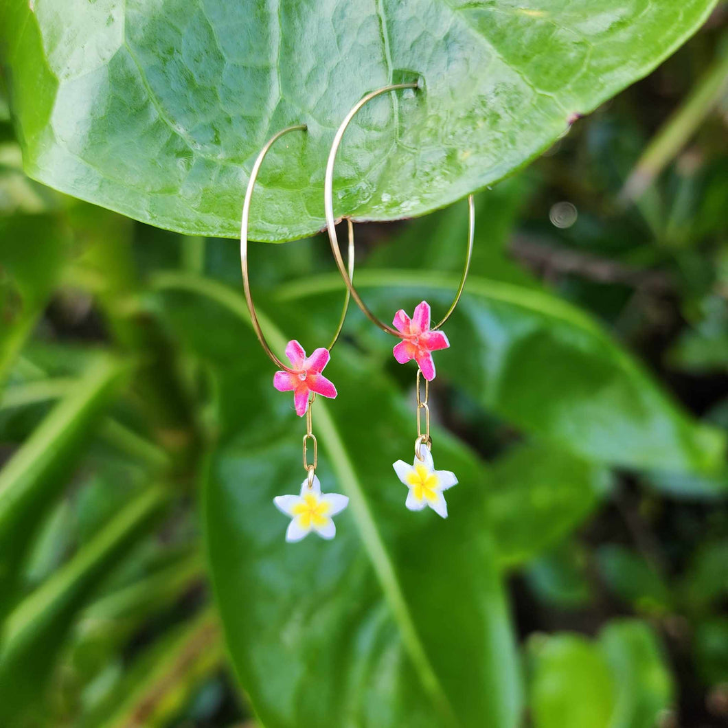 READY TO SHIP Frangipani & Hibiscus Flower Hoop Earrings - 14k Gold Fill FJD$