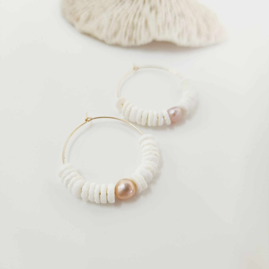 CONTACT US TO RECREATE THIS SOLD OUT STYLE Shell & Freshwater Pearl Hoop Earrings - 14k Gold Filled FJD$