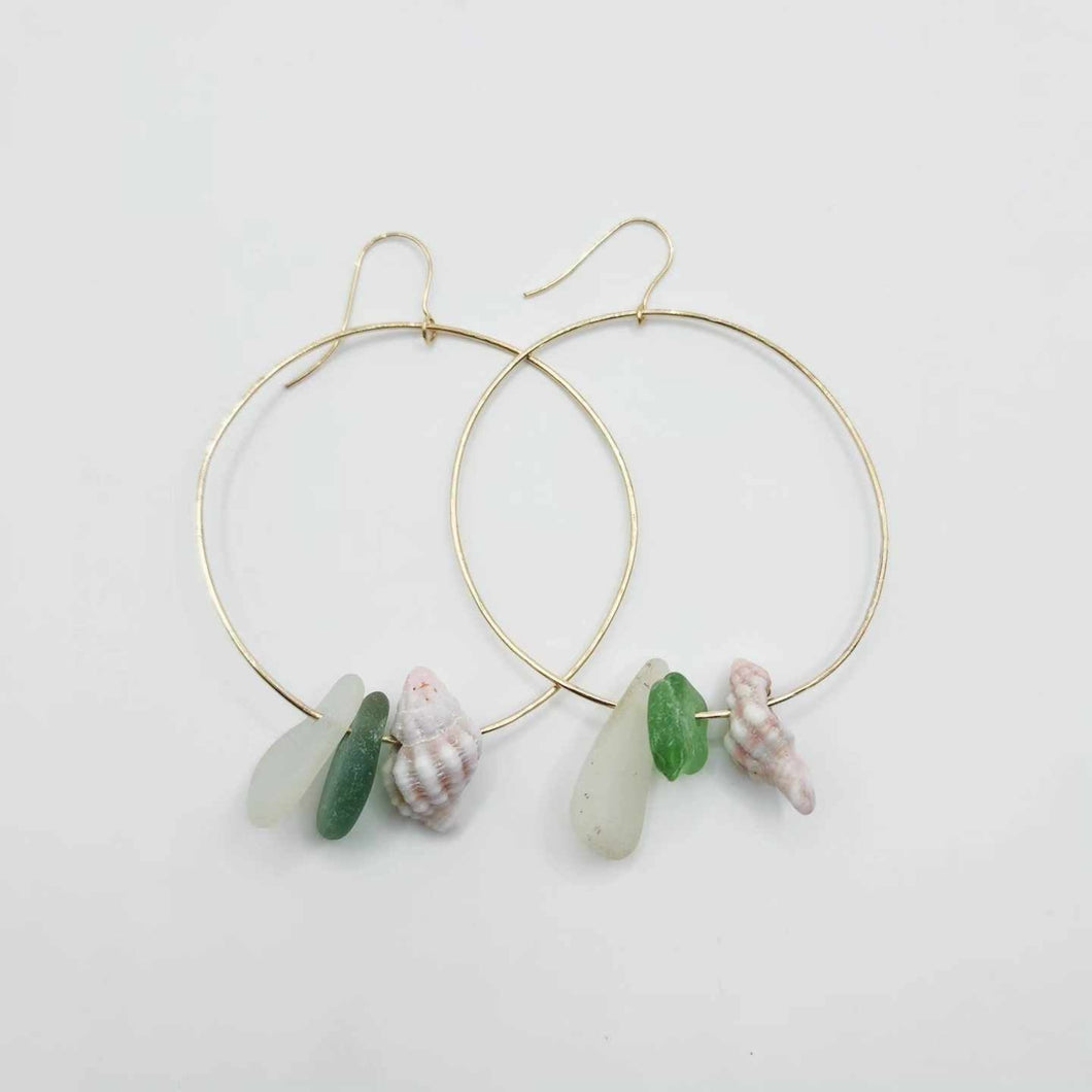 READY TO SHIP Shell & Seaglass Hoop Earrings - 14k Gold Filled FJD$