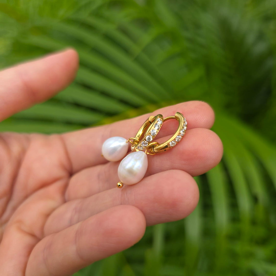 READY TO SHIP Freshwater Pearl Hoop Earrings - Gold Plated FJD$