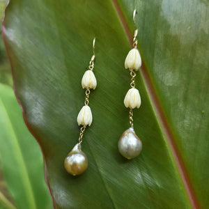 READY TO SHIP Civa Fiji Pearl Earrings with Pikake Flowers - 18k Gold Vermeil FJD$