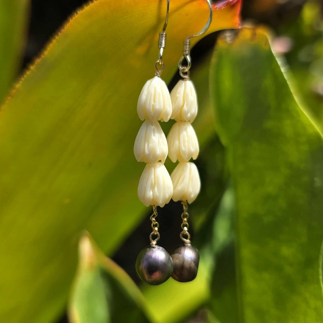 READY TO SHIP Freshwater Pearl Earrings with Pikake Flowers - 18k Gold Vermeil FJD$
