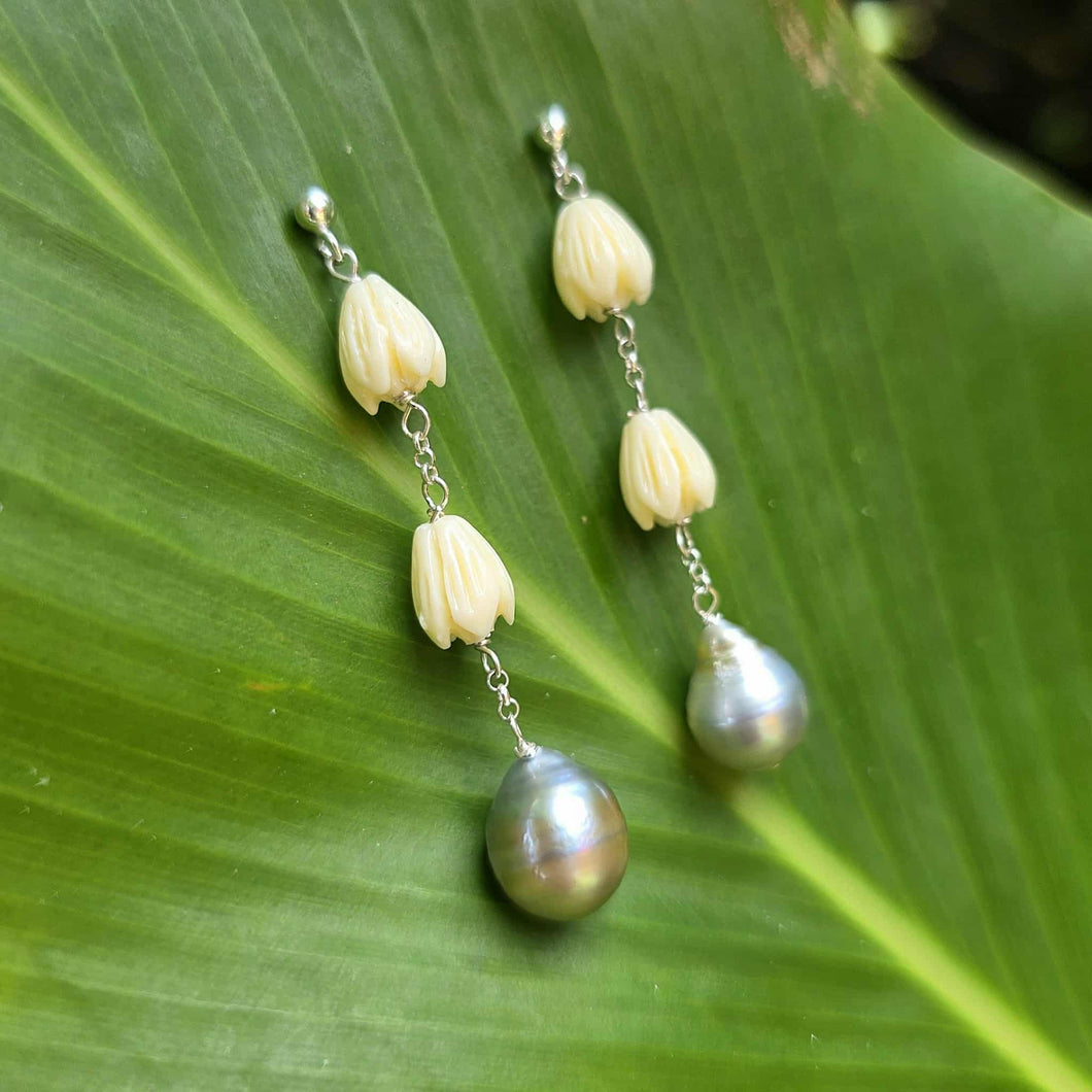 READY TO SHIP Civa Fiji Pearl Stud Earrings with Pikake Flowers - 925 Sterling Silver FJD$