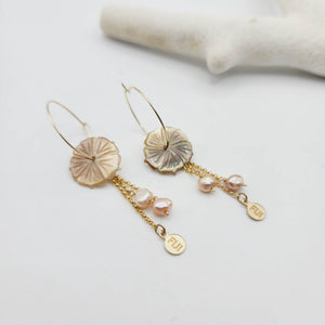 READY TO SHIP Mother of Pearl Hoop Earrings with Freshwater Pearls in 14k Gold Fill - FJD$