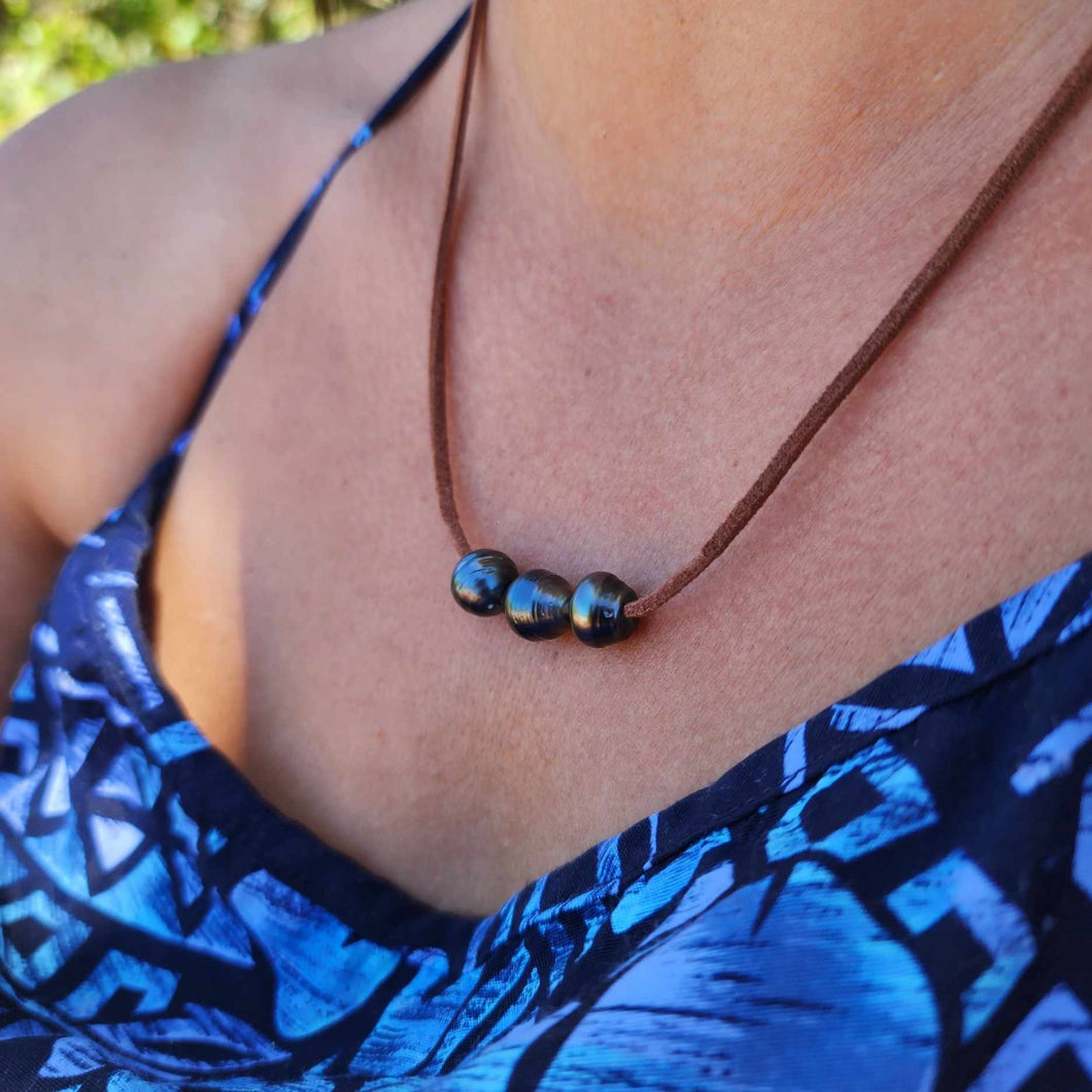 READY TO SHIP Fiji Saltwater Pearl Trio Faux Suede Leather Necklace - FJD$