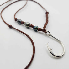 Load image into Gallery viewer, READY TO SHIP Fish Hook &amp; Pearl Trio Necklace - 925 Sterling Silver &amp; Faux Suede FJD$
