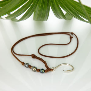 READY TO SHIP Fish Hook & Pearl Trio Necklace - 925 Sterling Silver & Faux Suede FJD$