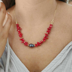 READY TO SHIP Red Coral & Freshwater Pearl Necklace - 14k Gold Fill FJD$