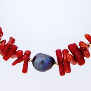 READY TO SHIP Red Coral & Freshwater Pearl Necklace - 14k Gold Fill FJD$