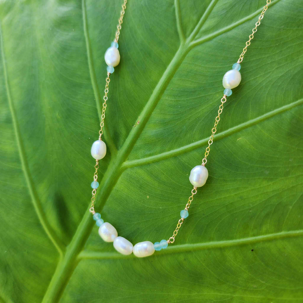 READY TO SHIP Freshwater Pearl & Faceted Glass Beads Necklace in 14k Gold Fill - FJD$