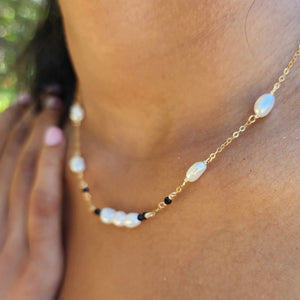 READY TO SHIP Freshwater Pearl & Faceted Glass Beads Necklace in 14k Gold Fill - FJD$