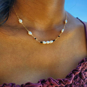 READY TO SHIP Freshwater Pearl & Faceted Glass Beads Necklace in 14k Gold Fill - FJD$