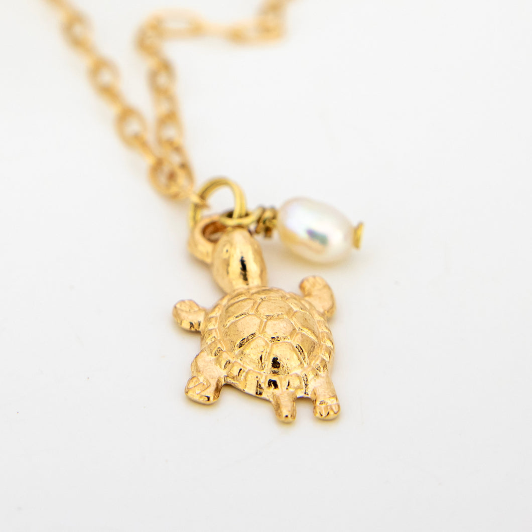 READY TO SHIP Freshwater Pearl & Turtle Charm Necklace - Gold Plated FJD$