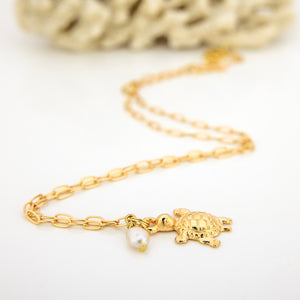READY TO SHIP Freshwater Pearl & Turtle Charm Necklace - Gold Plated FJD$